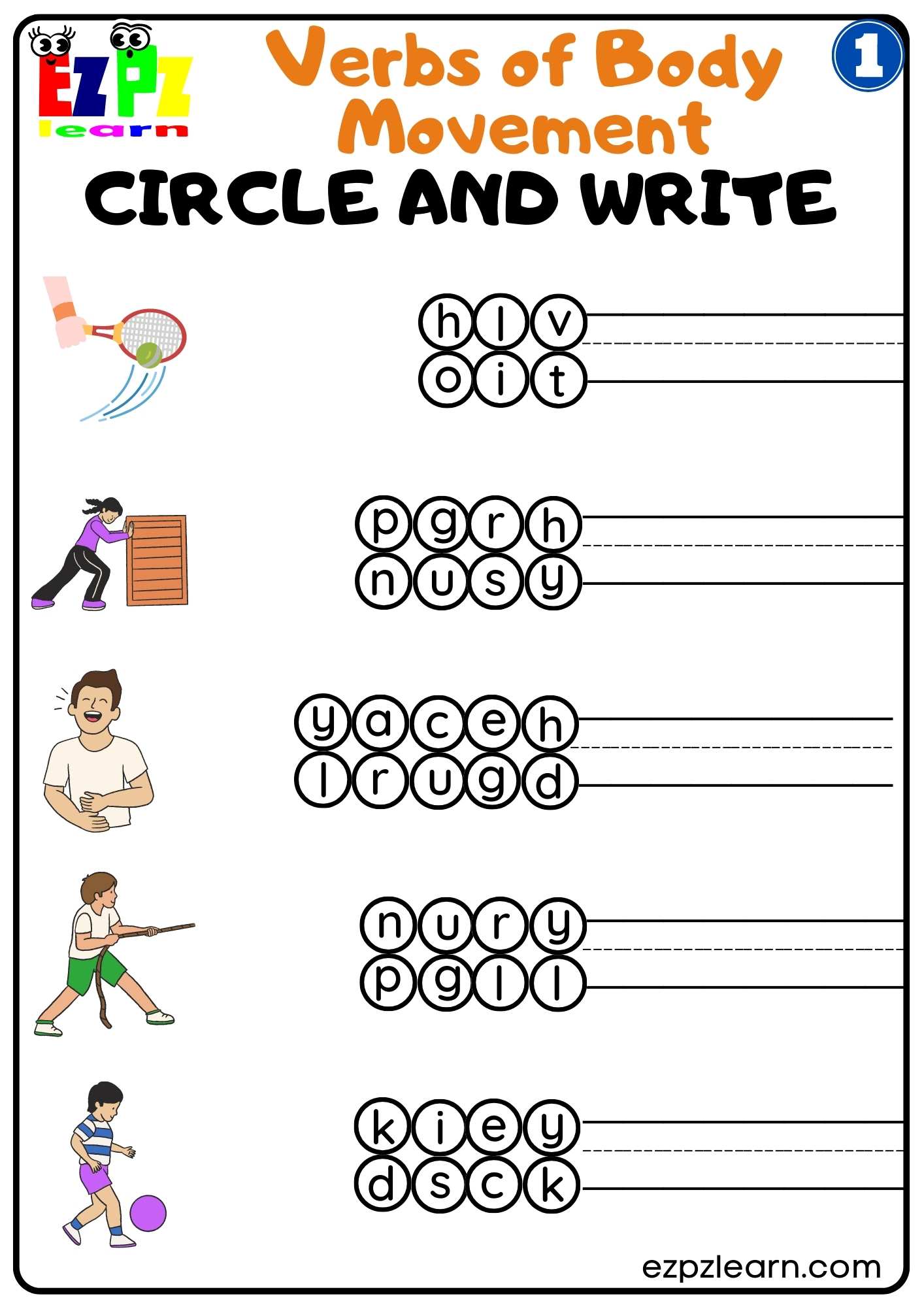 Group 1 Verbs of Body Movement Circle and Write free PDF Download for Parents and ESL Teachers